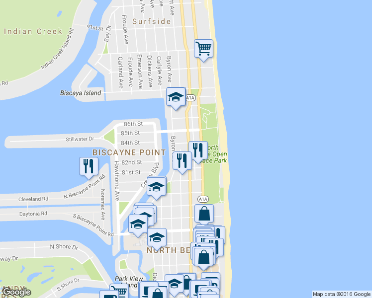 map of restaurants, bars, coffee shops, grocery stores, and more near 8400 Florida A1A in Miami Beach