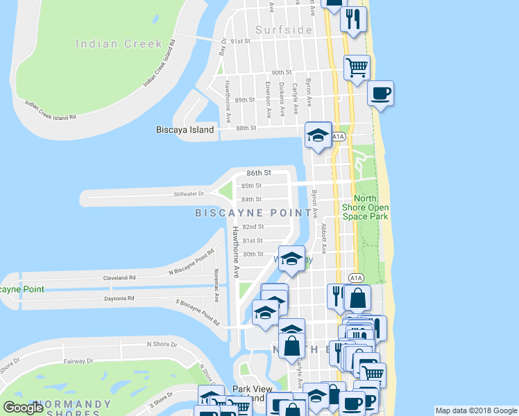 map of restaurants, bars, coffee shops, grocery stores, and more near 745 84th Street in Miami Beach