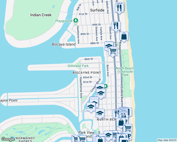 map of restaurants, bars, coffee shops, grocery stores, and more near 745 84th Street in Miami Beach