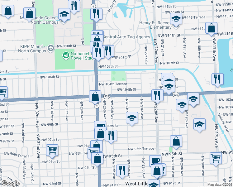 map of restaurants, bars, coffee shops, grocery stores, and more near 2442 Northwest 104th Street in Miami