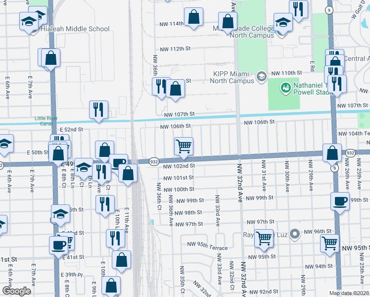 map of restaurants, bars, coffee shops, grocery stores, and more near 10416 Northwest 35th Court in Miami