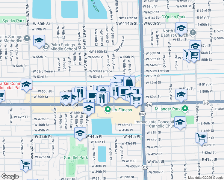 map of restaurants, bars, coffee shops, grocery stores, and more near 601 West 51st Place in Hialeah