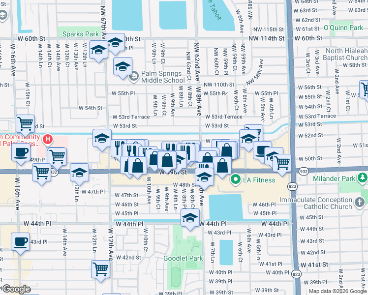 map of restaurants, bars, coffee shops, grocery stores, and more near 880 West 51st Place in Hialeah