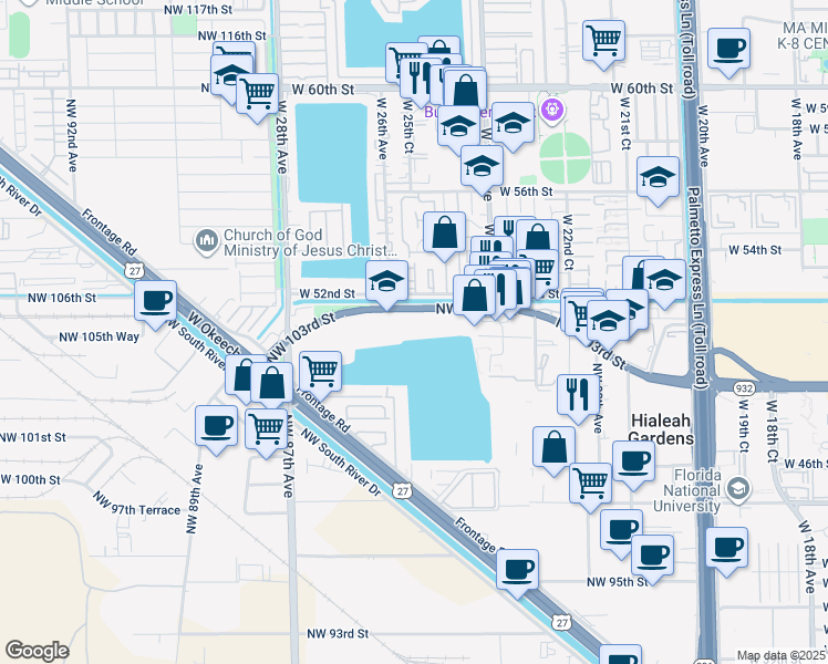 map of restaurants, bars, coffee shops, grocery stores, and more near 8302 Northwest 103rd Street in Hialeah