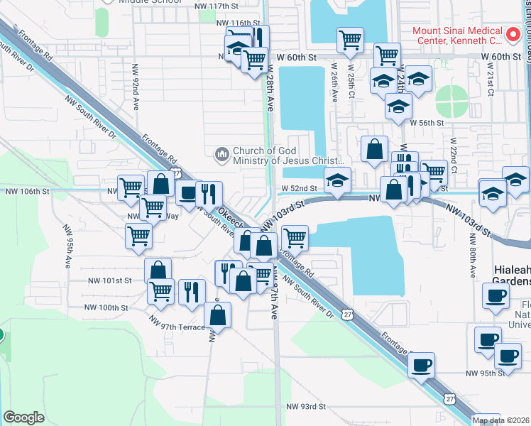map of restaurants, bars, coffee shops, grocery stores, and more near 1505 Northwest 87th Court in Hialeah Gardens