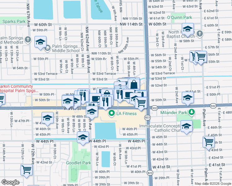 map of restaurants, bars, coffee shops, grocery stores, and more near 601 West 51st Place in Hialeah