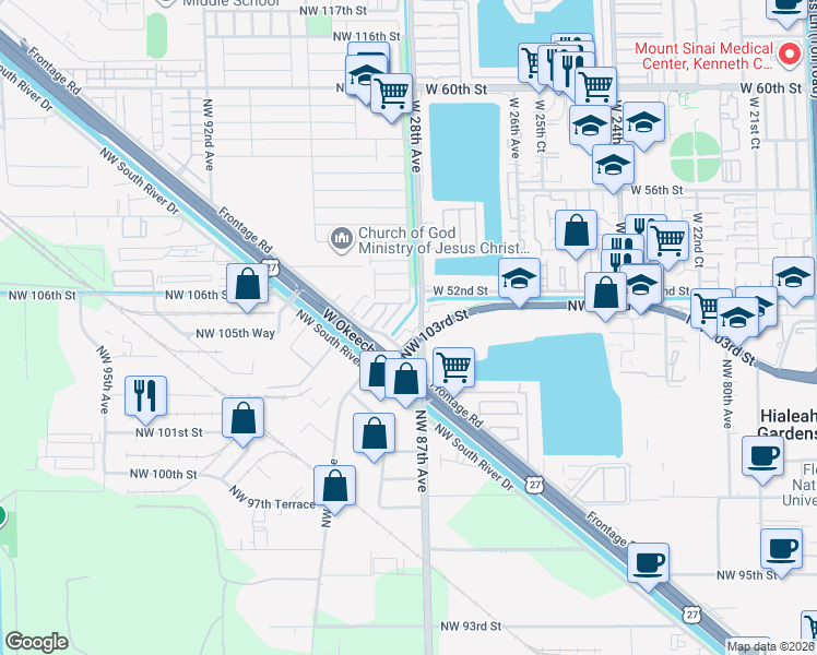 map of restaurants, bars, coffee shops, grocery stores, and more near 1505 Northwest 87th Court in Hialeah Gardens