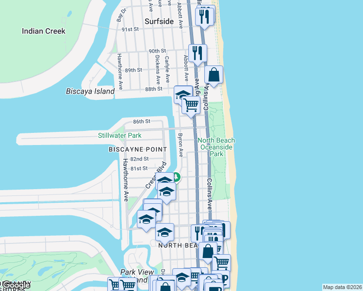 map of restaurants, bars, coffee shops, grocery stores, and more near 8341 Byron Avenue in Miami Beach