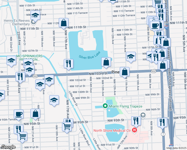 map of restaurants, bars, coffee shops, grocery stores, and more near 1351 Florida 932 in Miami