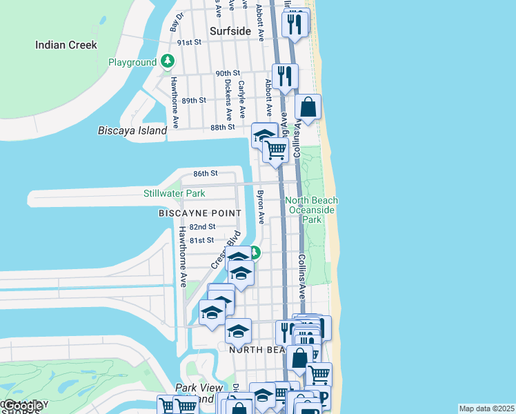 map of restaurants, bars, coffee shops, grocery stores, and more near 8330 Byron Avenue in Miami Beach