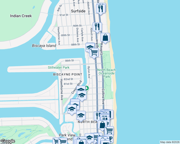 map of restaurants, bars, coffee shops, grocery stores, and more near 8400 Byron Avenue in Miami Beach