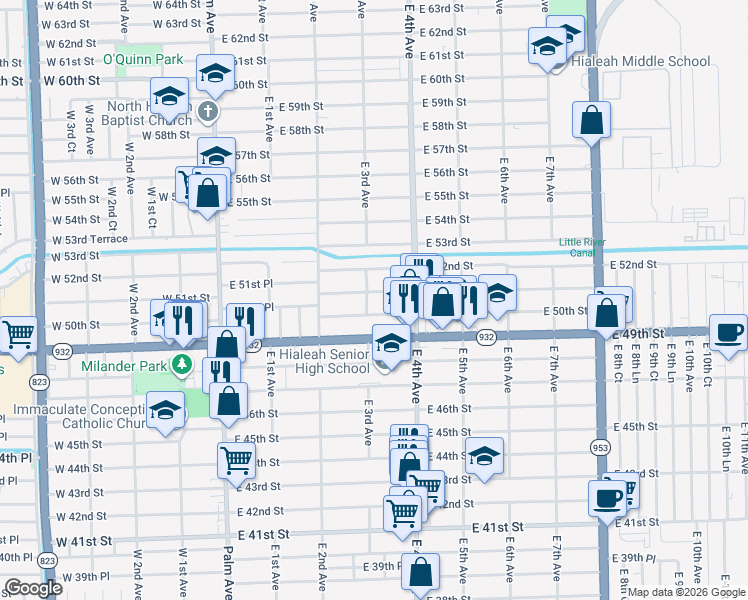 map of restaurants, bars, coffee shops, grocery stores, and more near 5120 East 3rd Avenue in Hialeah