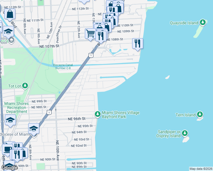 map of restaurants, bars, coffee shops, grocery stores, and more near 1430 Northeast 102nd Street in Miami Shores