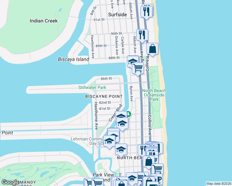 map of restaurants, bars, coffee shops, grocery stores, and more near 8310 Crespi Boulevard in Miami Beach