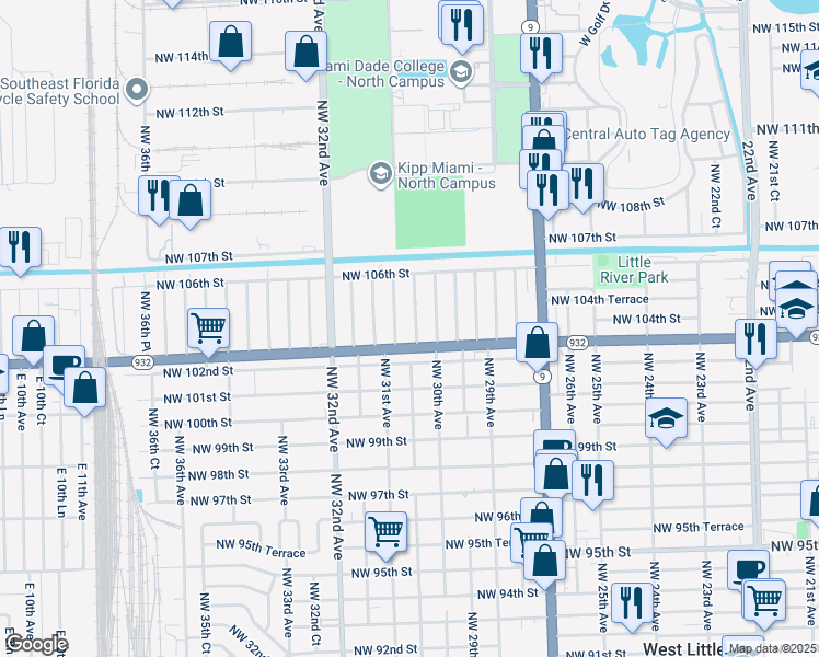 map of restaurants, bars, coffee shops, grocery stores, and more near 10400 Northwest 30th Avenue in Miami