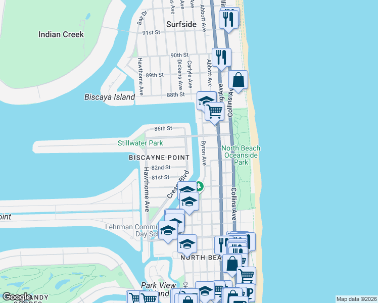 map of restaurants, bars, coffee shops, grocery stores, and more near 8340 Crespi Boulevard in Miami Beach