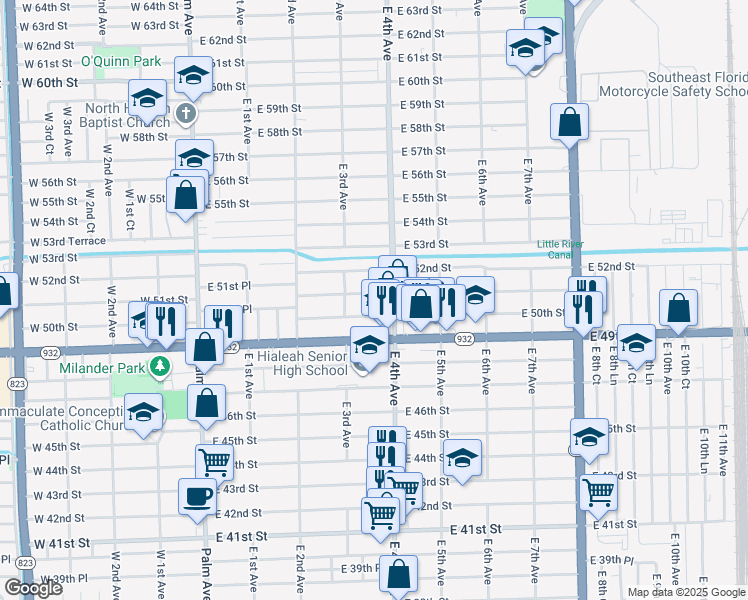 map of restaurants, bars, coffee shops, grocery stores, and more near 359 East 51st Street in Hialeah