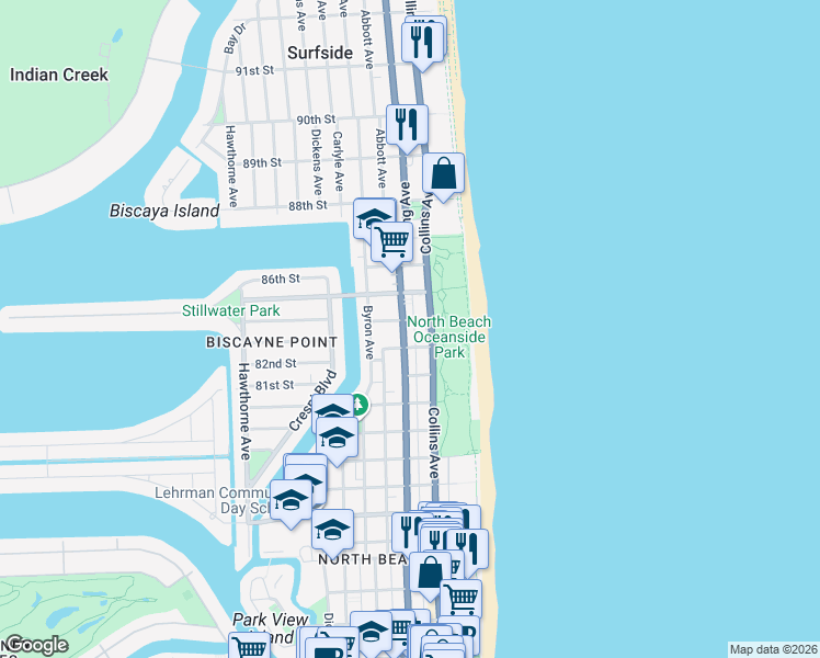 map of restaurants, bars, coffee shops, grocery stores, and more near 8400 Florida A1A in Miami Beach