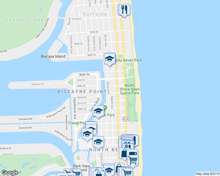 map of restaurants, bars, coffee shops, grocery stores, and more near 8400 Byron Avenue in Miami Beach