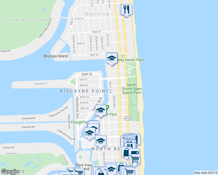 map of restaurants, bars, coffee shops, grocery stores, and more near 8400 Byron Avenue in Miami Beach