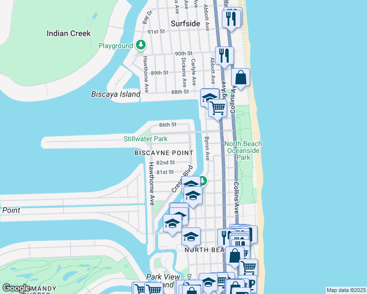 map of restaurants, bars, coffee shops, grocery stores, and more near in Miami Beach