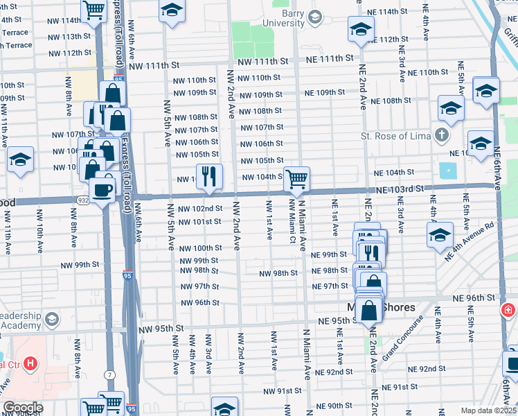 map of restaurants, bars, coffee shops, grocery stores, and more near 123 Northwest 102nd Street in Miami Shores