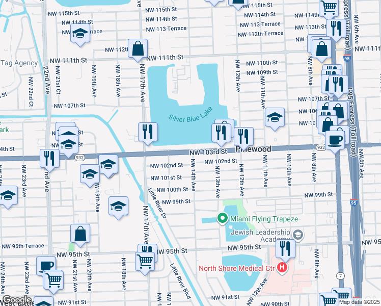map of restaurants, bars, coffee shops, grocery stores, and more near 1421 Northwest 103rd Street in Miami