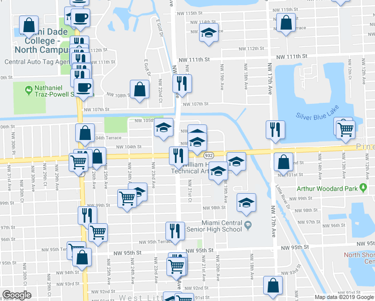 map of restaurants, bars, coffee shops, grocery stores, and more near 2152 Northwest 104th Street in Miami