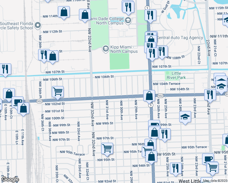 map of restaurants, bars, coffee shops, grocery stores, and more near 10400 Northwest 30th Avenue in Miami