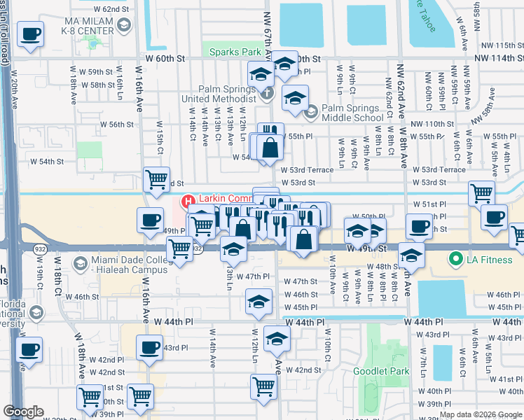 map of restaurants, bars, coffee shops, grocery stores, and more near 312 West 12th Avenue in Hialeah