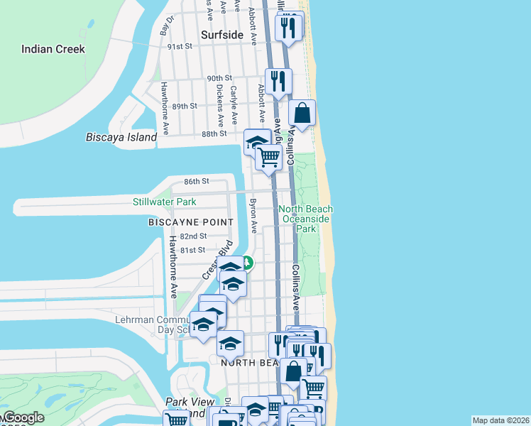 map of restaurants, bars, coffee shops, grocery stores, and more near 8400 Florida A1A in Miami Beach