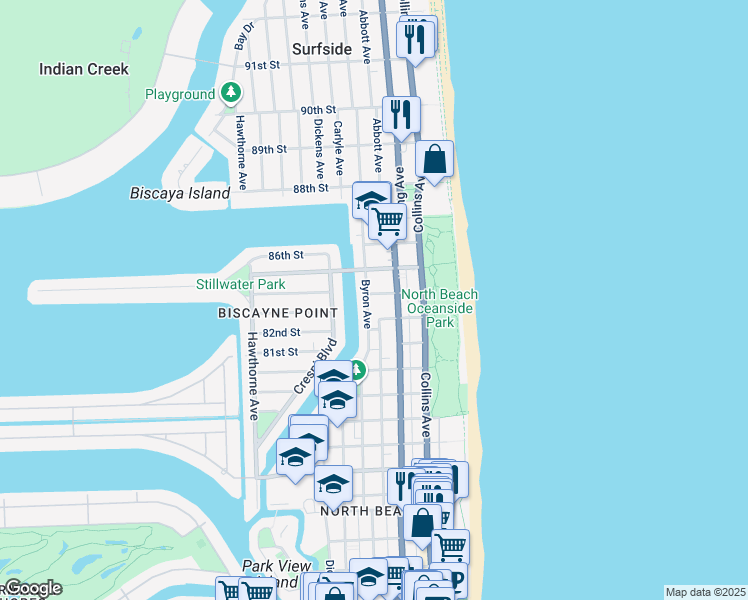 map of restaurants, bars, coffee shops, grocery stores, and more near 8400 Byron Avenue in Miami Beach
