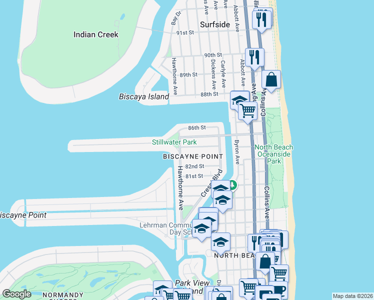 map of restaurants, bars, coffee shops, grocery stores, and more near 8403 Hawthorne Avenue in Miami Beach
