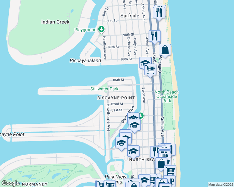 map of restaurants, bars, coffee shops, grocery stores, and more near 745 84th Street in Miami Beach