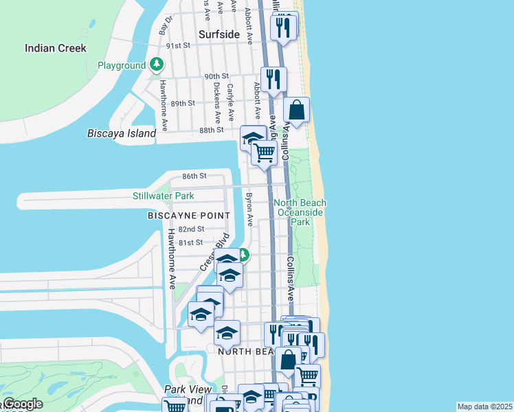 map of restaurants, bars, coffee shops, grocery stores, and more near 8400 Florida A1A in Miami Beach
