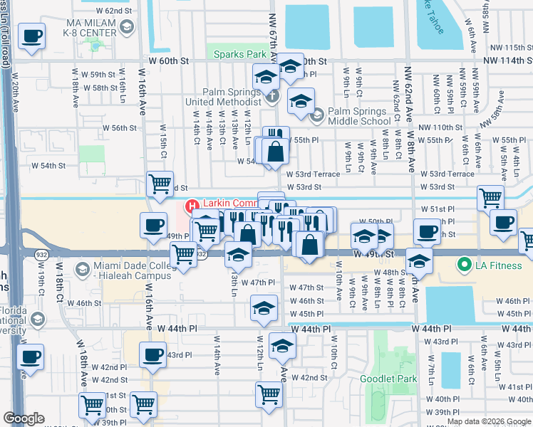 map of restaurants, bars, coffee shops, grocery stores, and more near 312 West 12th Avenue in Hialeah