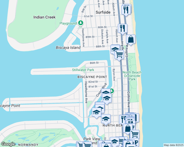 map of restaurants, bars, coffee shops, grocery stores, and more near 745 84th Street in Miami Beach