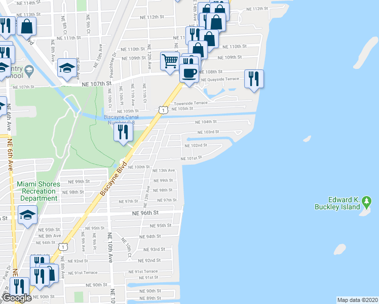 map of restaurants, bars, coffee shops, grocery stores, and more near 10150 Northeast 14th Avenue in Miami