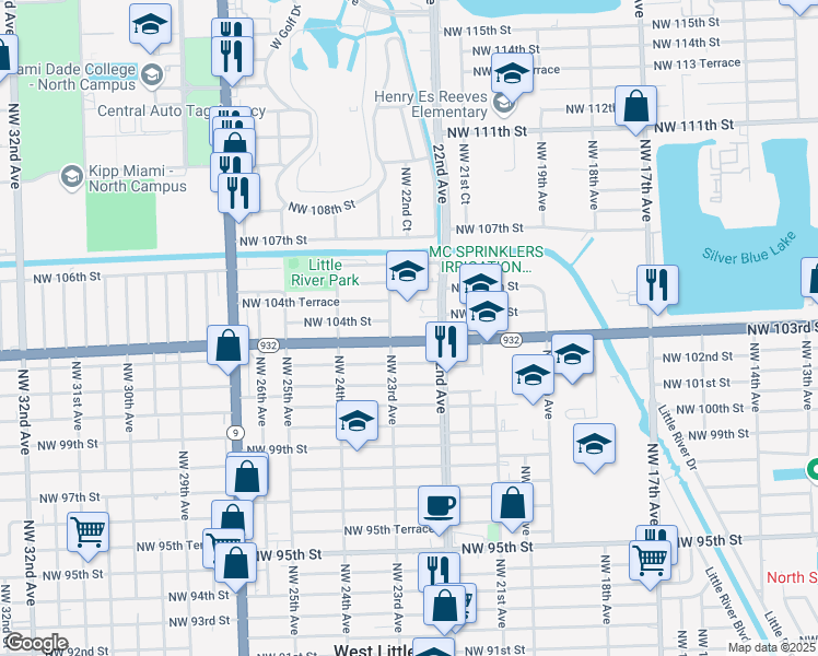 map of restaurants, bars, coffee shops, grocery stores, and more near 2225 Northwest 103rd Street in Miami