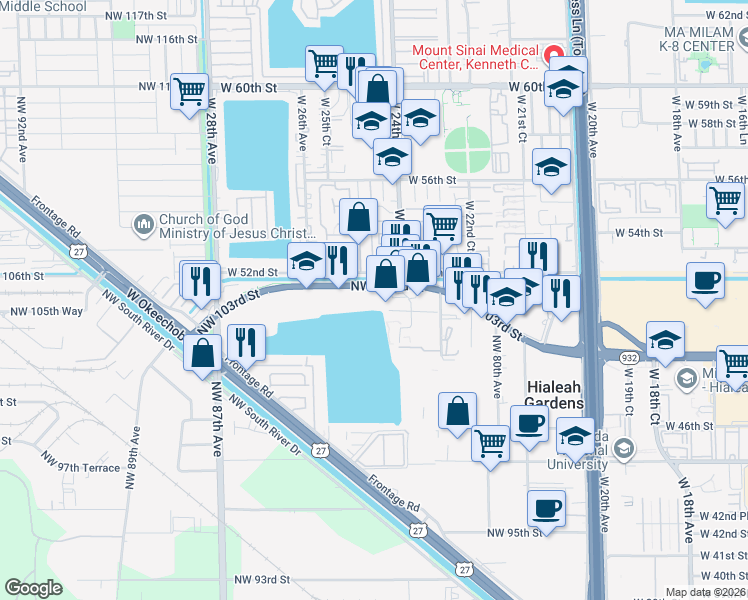 map of restaurants, bars, coffee shops, grocery stores, and more near 8290 Northwest 103rd Street in Hialeah