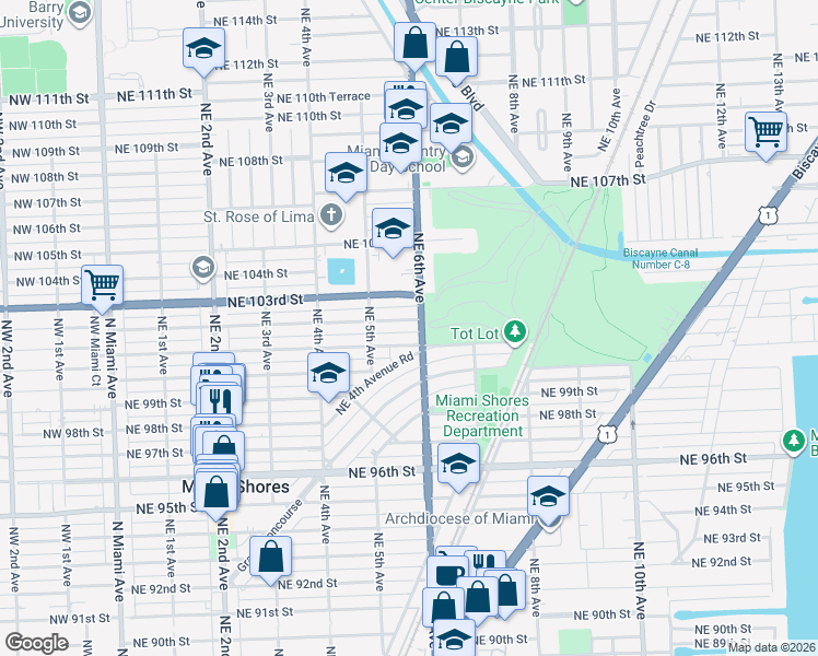 map of restaurants, bars, coffee shops, grocery stores, and more near 574 Northeast 102nd Street in Miami Shores