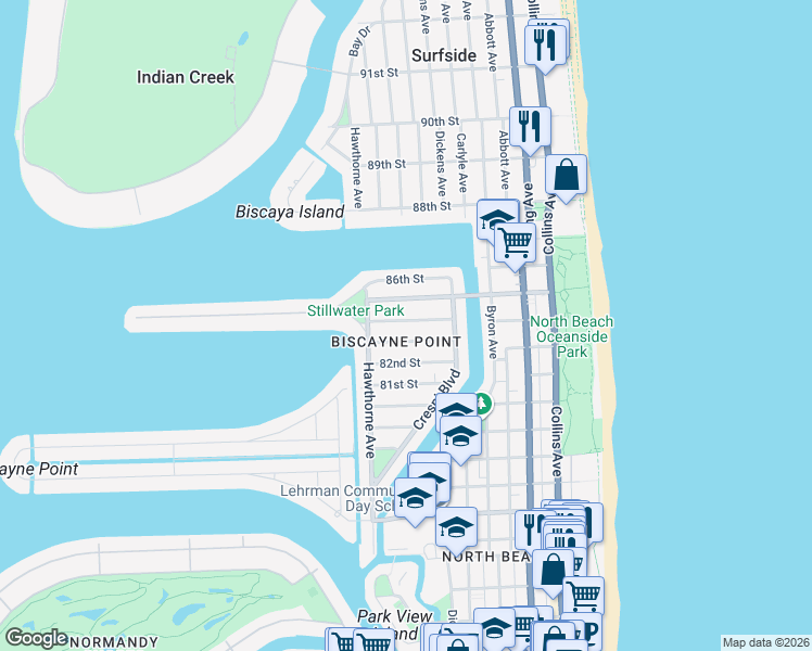 map of restaurants, bars, coffee shops, grocery stores, and more near 745 84th Street in Miami Beach