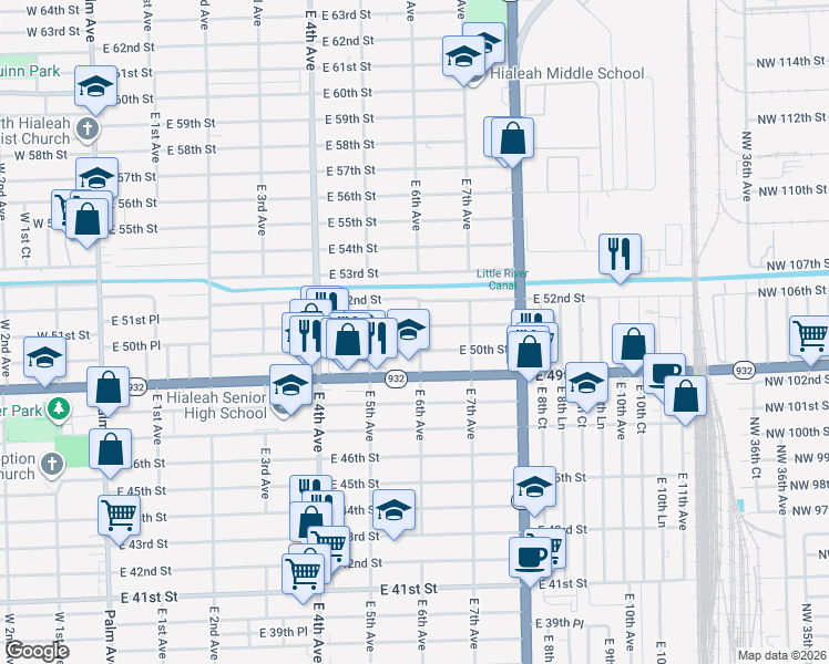 map of restaurants, bars, coffee shops, grocery stores, and more near 590 East 51st Street in Hialeah
