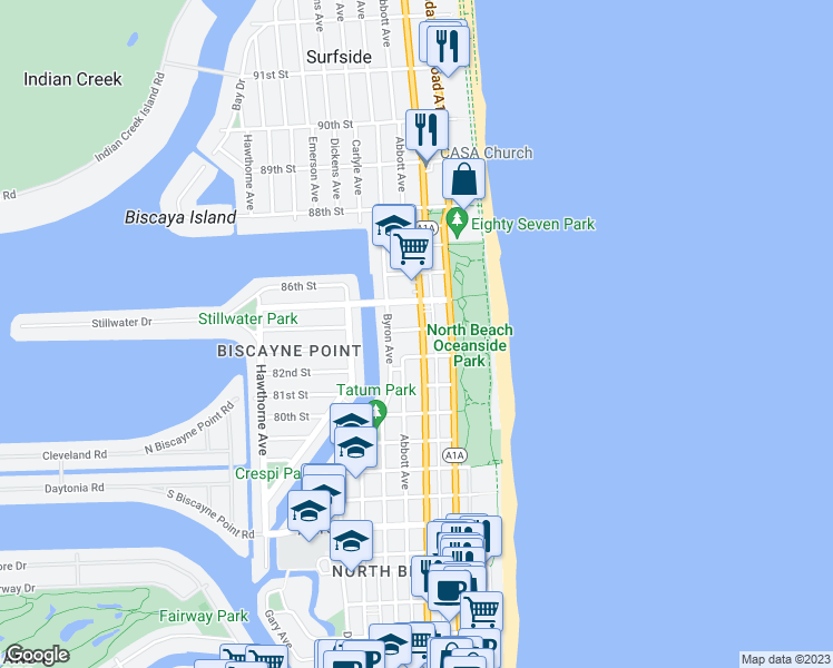 map of restaurants, bars, coffee shops, grocery stores, and more near 8400 Florida A1A in Miami Beach