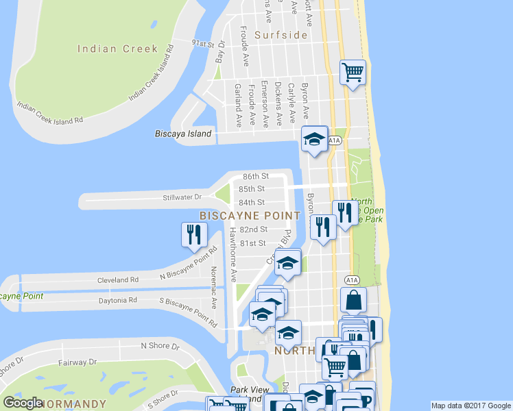 map of restaurants, bars, coffee shops, grocery stores, and more near 745 84th Street in Miami Beach