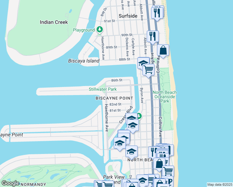map of restaurants, bars, coffee shops, grocery stores, and more near 745 84th Street in Miami Beach