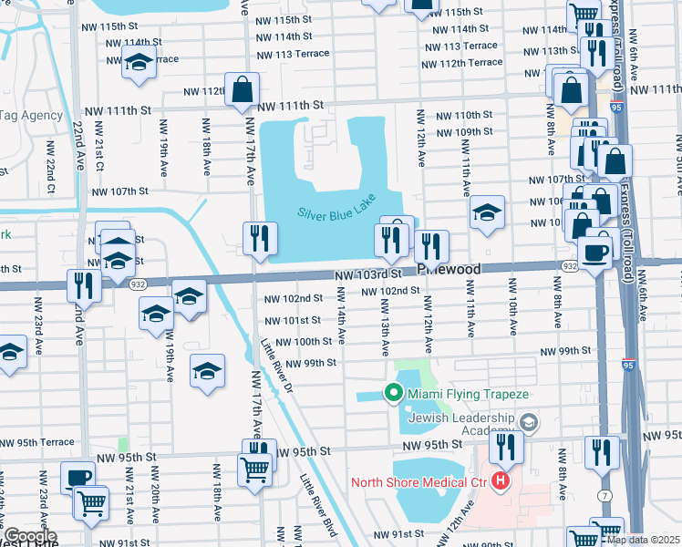 map of restaurants, bars, coffee shops, grocery stores, and more near 1351 Florida 932 in Miami
