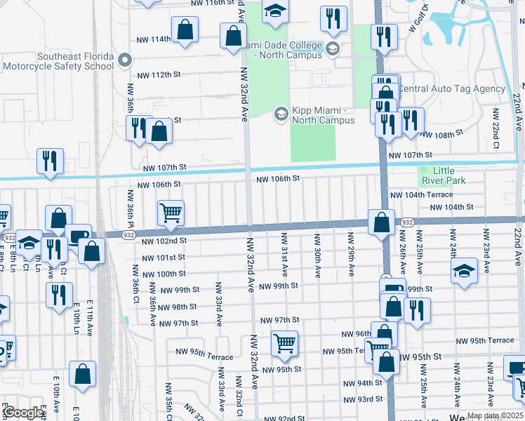 map of restaurants, bars, coffee shops, grocery stores, and more near 10400 Northwest 31st Court in Miami