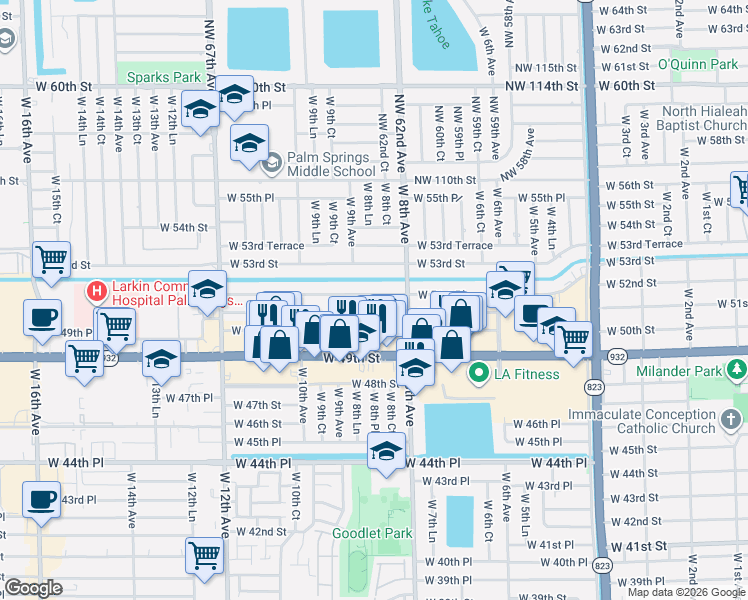 map of restaurants, bars, coffee shops, grocery stores, and more near 880 West 51st Place in Hialeah