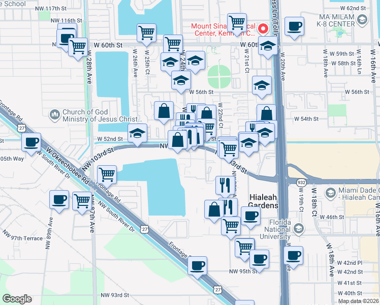map of restaurants, bars, coffee shops, grocery stores, and more near 163 Royal Palm Road in Hialeah Gardens